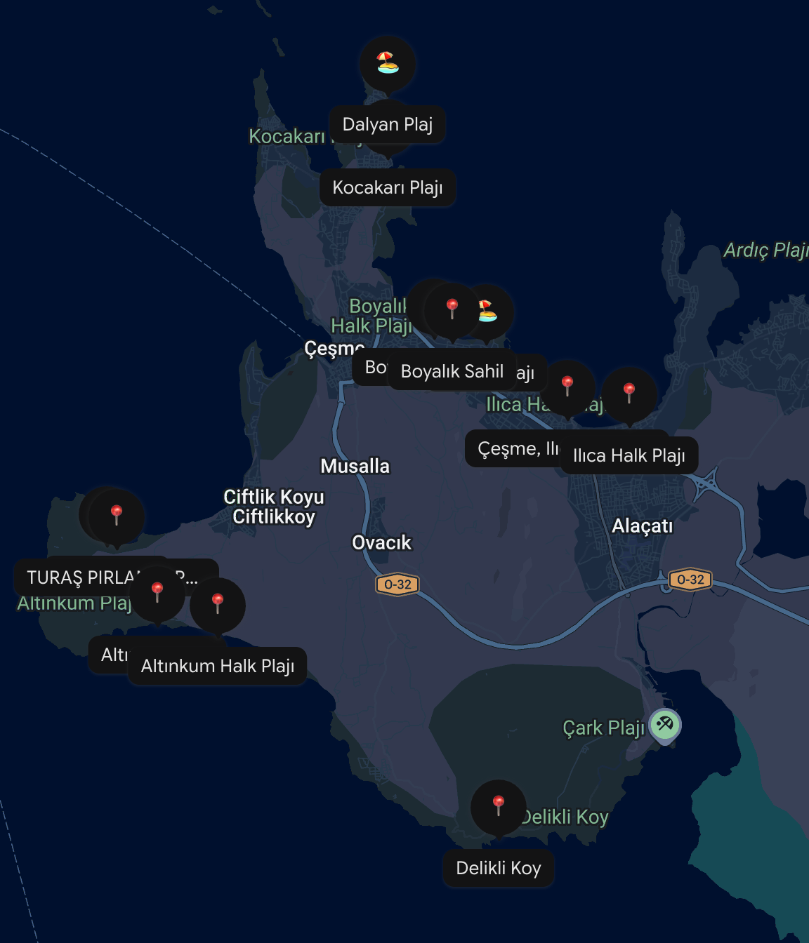 Mappa delle spiagge gratuite di Cesme