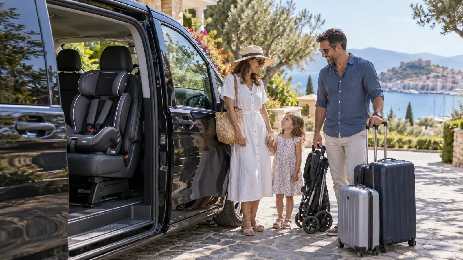 Scena illustrativa di una famiglia con bagagli e passeggino accanto a un veicolo con seggiolino