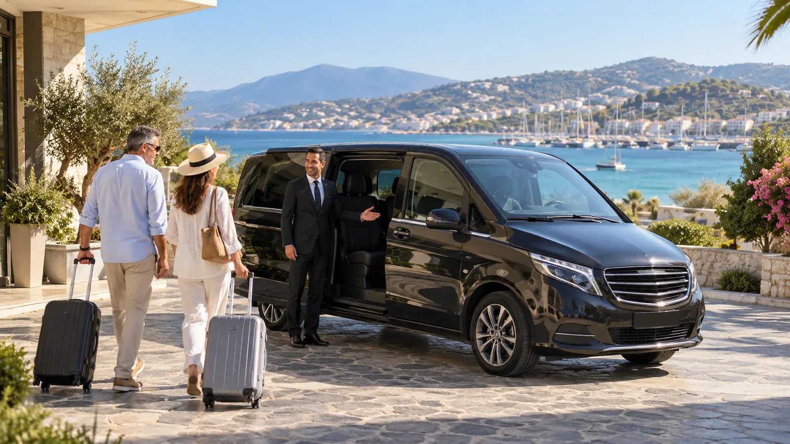 Scena illustrativa di un autista che accoglie viaggiatori presso un hotel sulla costa egea